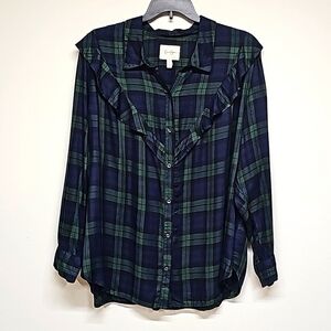 Jessica Simpson Tartan Plaid Ruffled Button Up Flannel Size 3X green blue LS